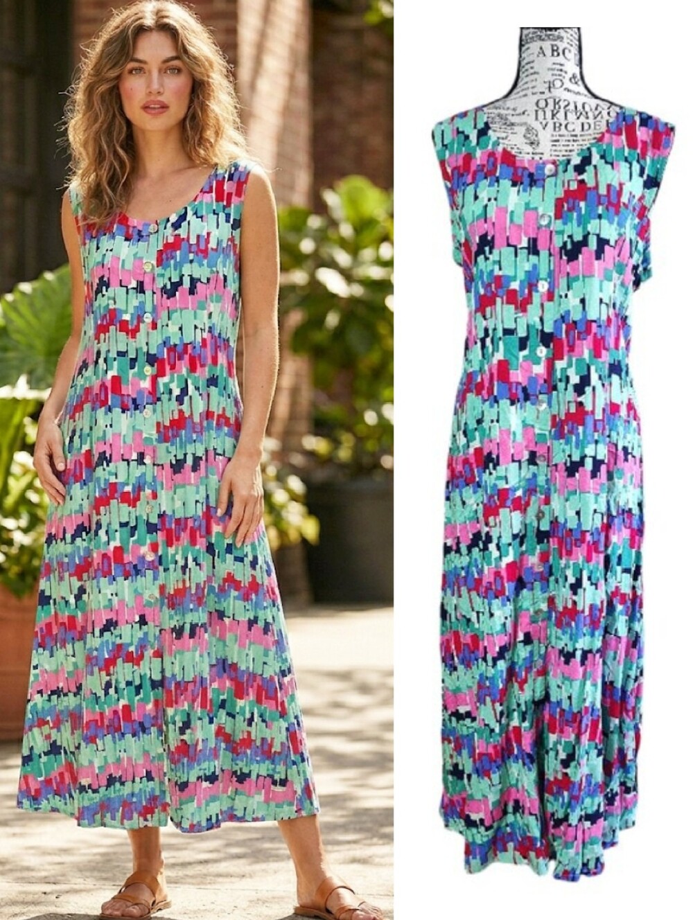 VTG 90s Y2K Colorful Abstract Print Button Front Midi Dress LP Sleeveless *NWOT